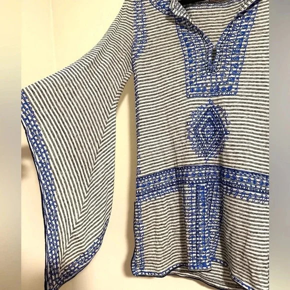 Calypso St Barth Etasa linen embroidered blue gray tunic top coverup poupette - Picture 3 of 7